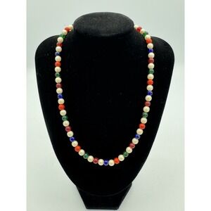 Vintage 60s Beaded Necklace Blue, Green, Red Art Glass Faux Pearl, Gold Tone
